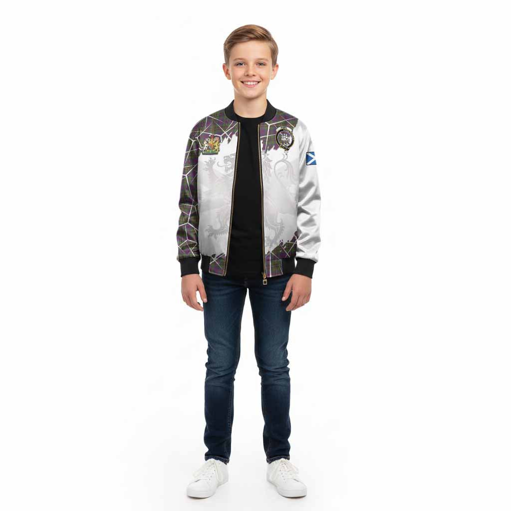 Wood Tartan Kid Bomber Jacket with Family Crest and Lion Rampant Grunge Style