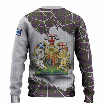 Wood Tartan Knitted Sweater with Family Crest and Lion Rampant Grunge Style