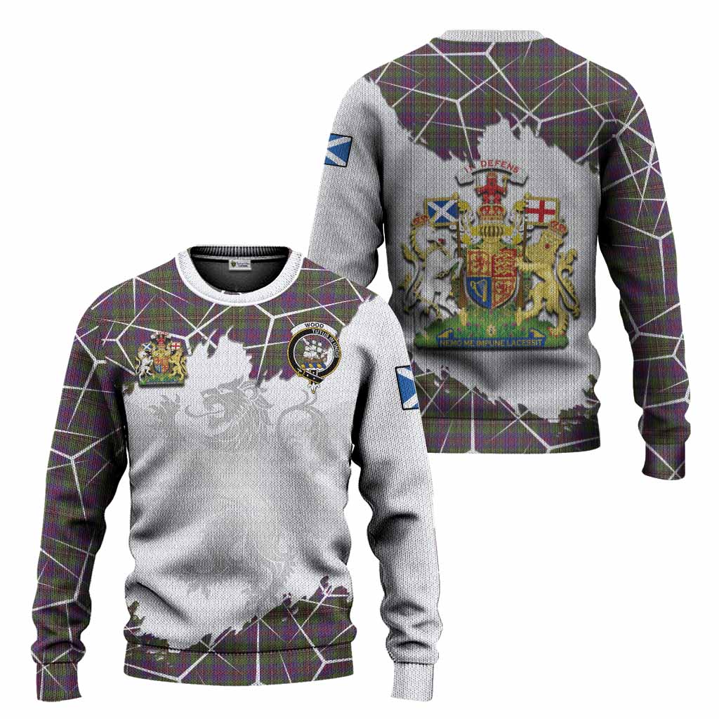 Wood Tartan Knitted Sweater with Family Crest and Lion Rampant Grunge Style