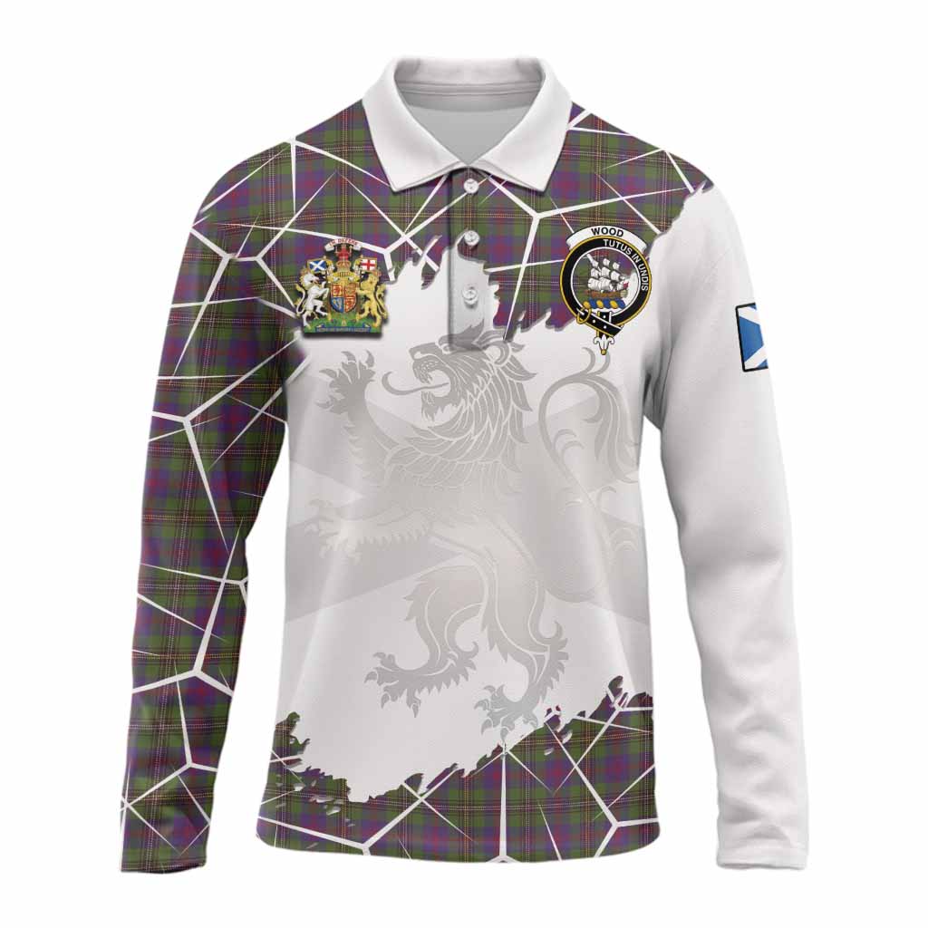 Wood Tartan Long Sleeve Polo Shirt with Family Crest and Lion Rampant Grunge Style