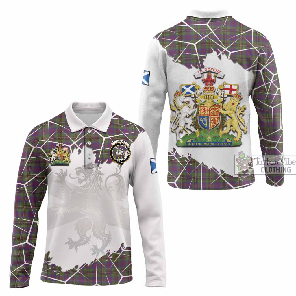 Wood Tartan Long Sleeve Polo Shirt with Family Crest and Lion Rampant Grunge Style