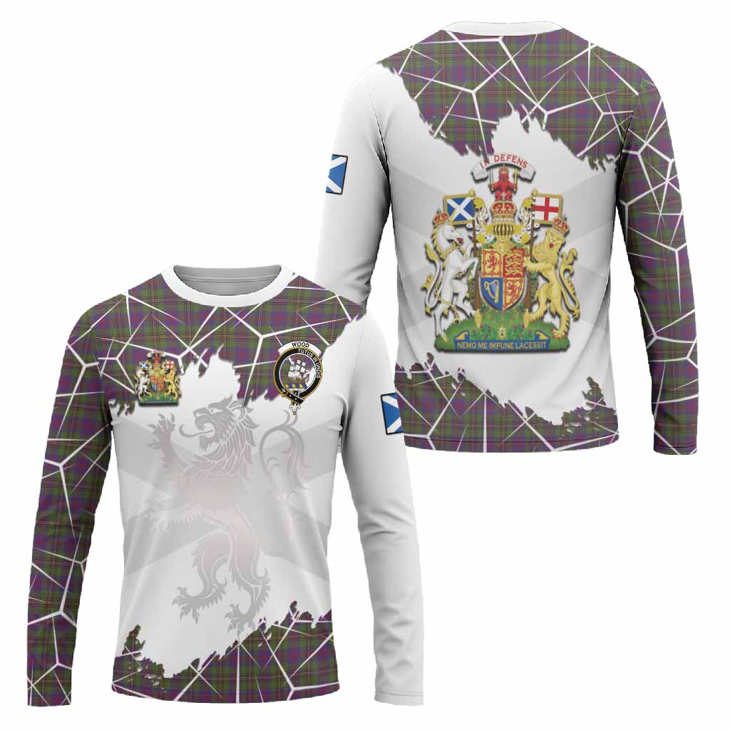 Wood Tartan Long Sleeve T-Shirt with Family Crest and Lion Rampant Grunge Style