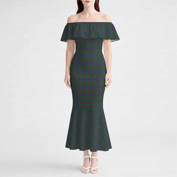 Wood Tartan Off Shoulder Ruffle Mermaid Maxi Dress