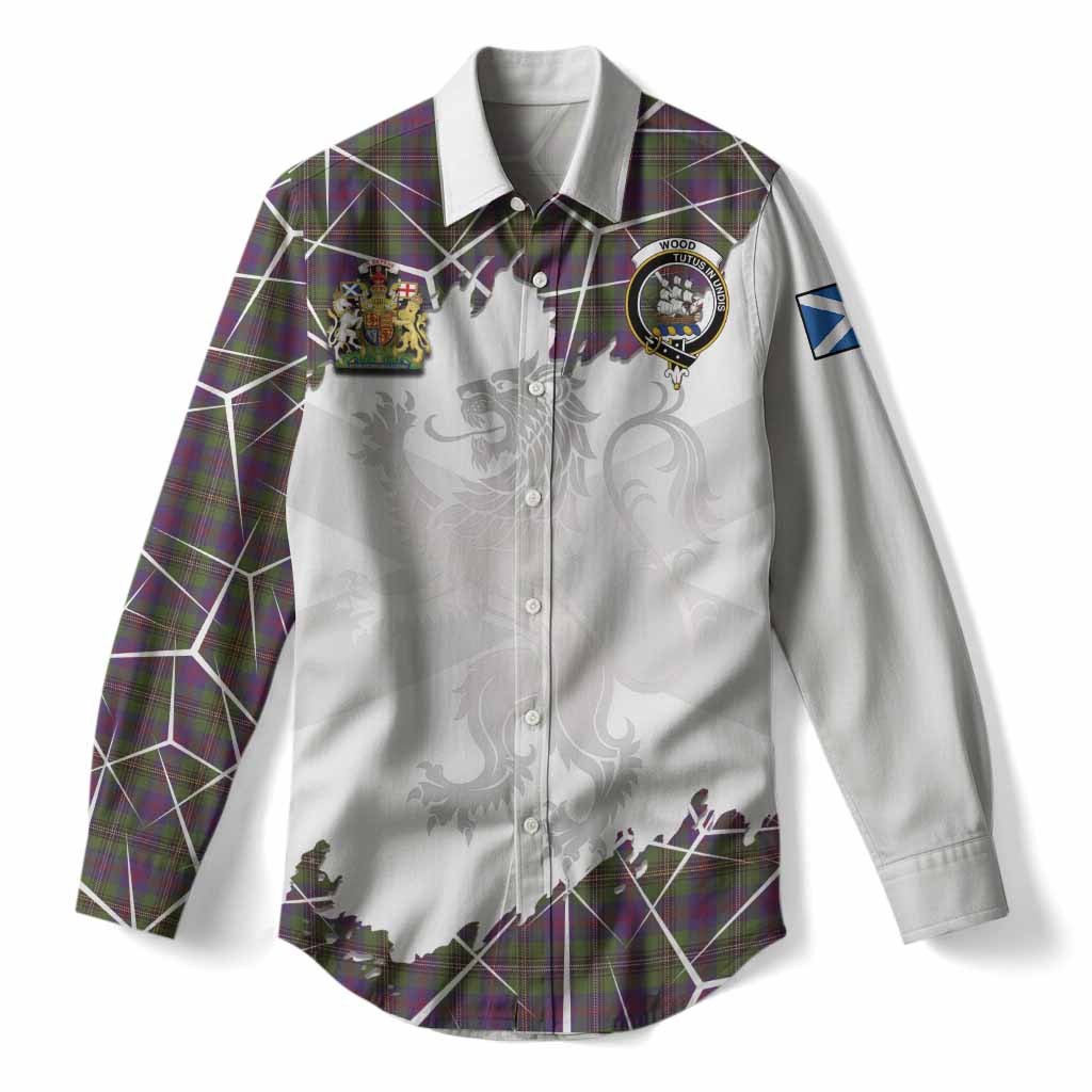 Wood Tartan Women Casual Shirt with Family Crest and Lion Rampant Grunge Style