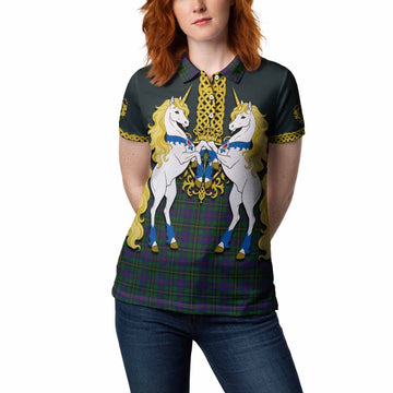 Wood Tartan Women Polo Shirt Unicorn Celtic Knot And Thistle Emblem
