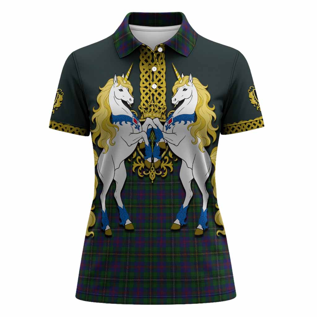 Wood Tartan Women Polo Shirt Unicorn Celtic Knot And Thistle Emblem