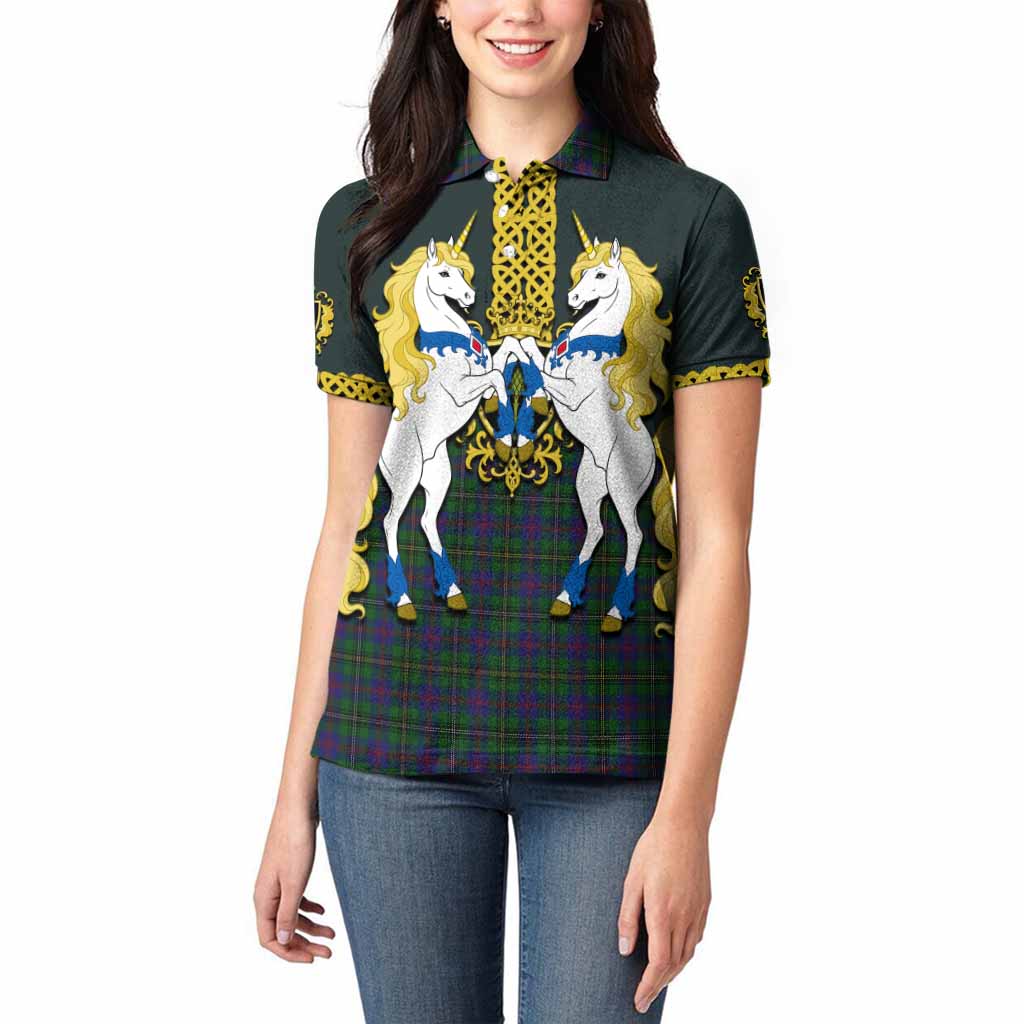 Wood Tartan Women Polo Shirt Unicorn Celtic Knot And Thistle Emblem