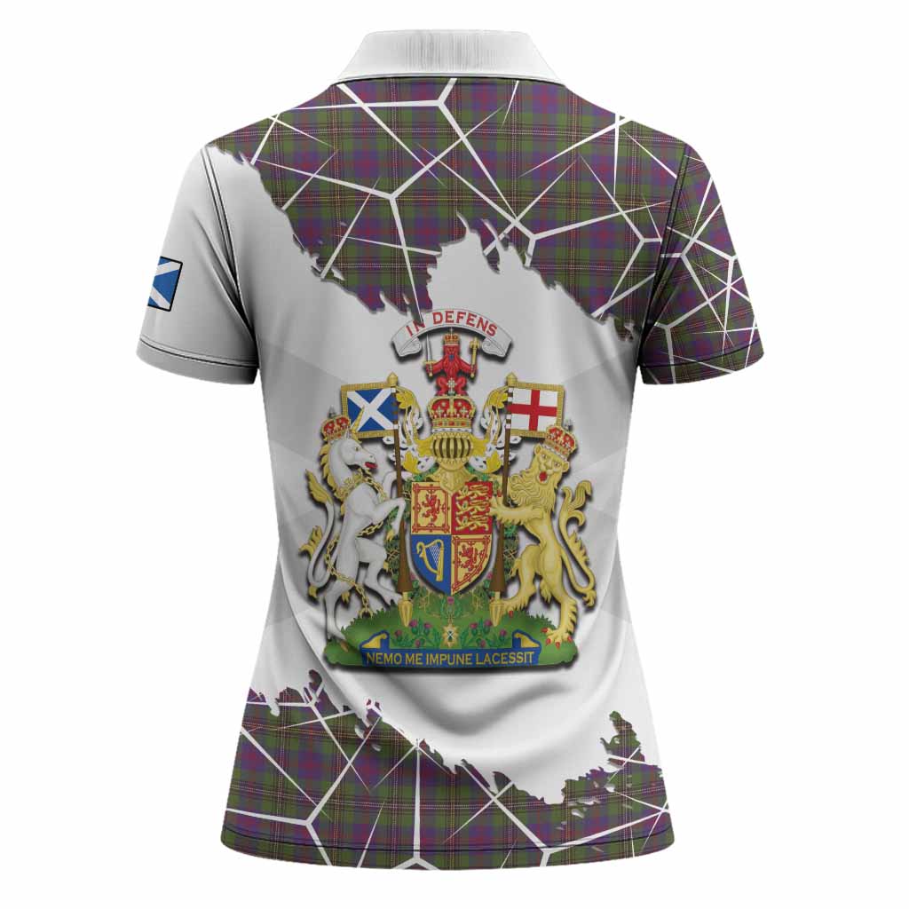 Wood Tartan Women Polo Shirt with Family Crest and Lion Rampant Grunge Style