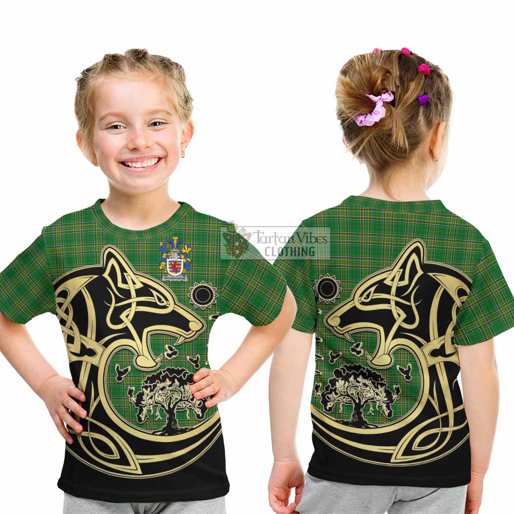 Tartan Vibes Clothing Woodbourne Irish Tartan Kid T-Shirt with Coat of Arms Celtic Wolf Style