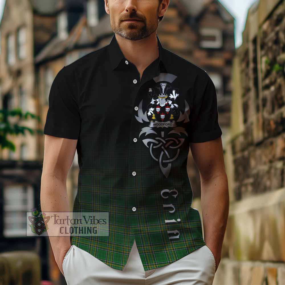 Tartan Vibes Clothing Woodford Irish Clan Short Sleeve Button Shirt with Coat of Arms Erin Go Bragh Celtic Inspired
