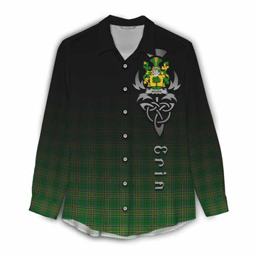 Tartan Vibes Clothing Woods Irish Clan Women's Casual Shirt with Coat of Arms Erin Go Bragh Celtic Inspired
