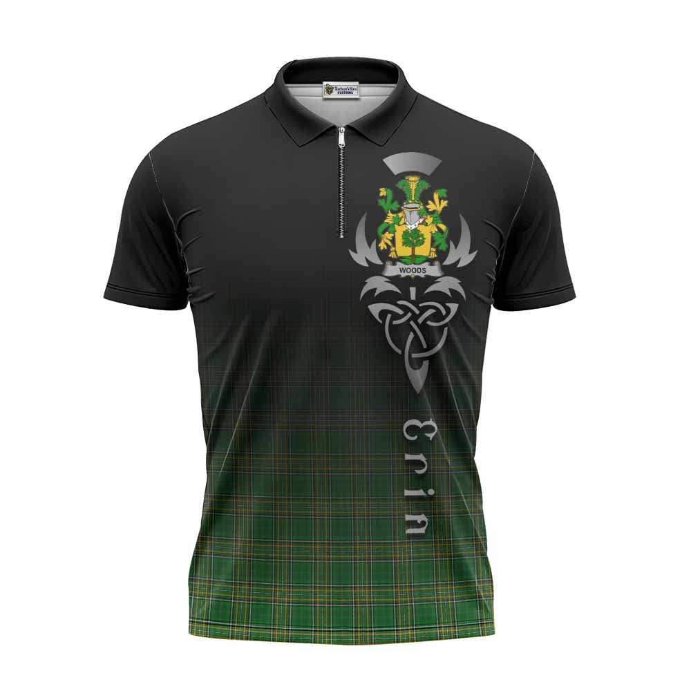 Tartan Vibes Clothing Woods Irish Clan Zipper Polo Shirt with Coat of Arms Erin Go Bragh Celtic Inspired