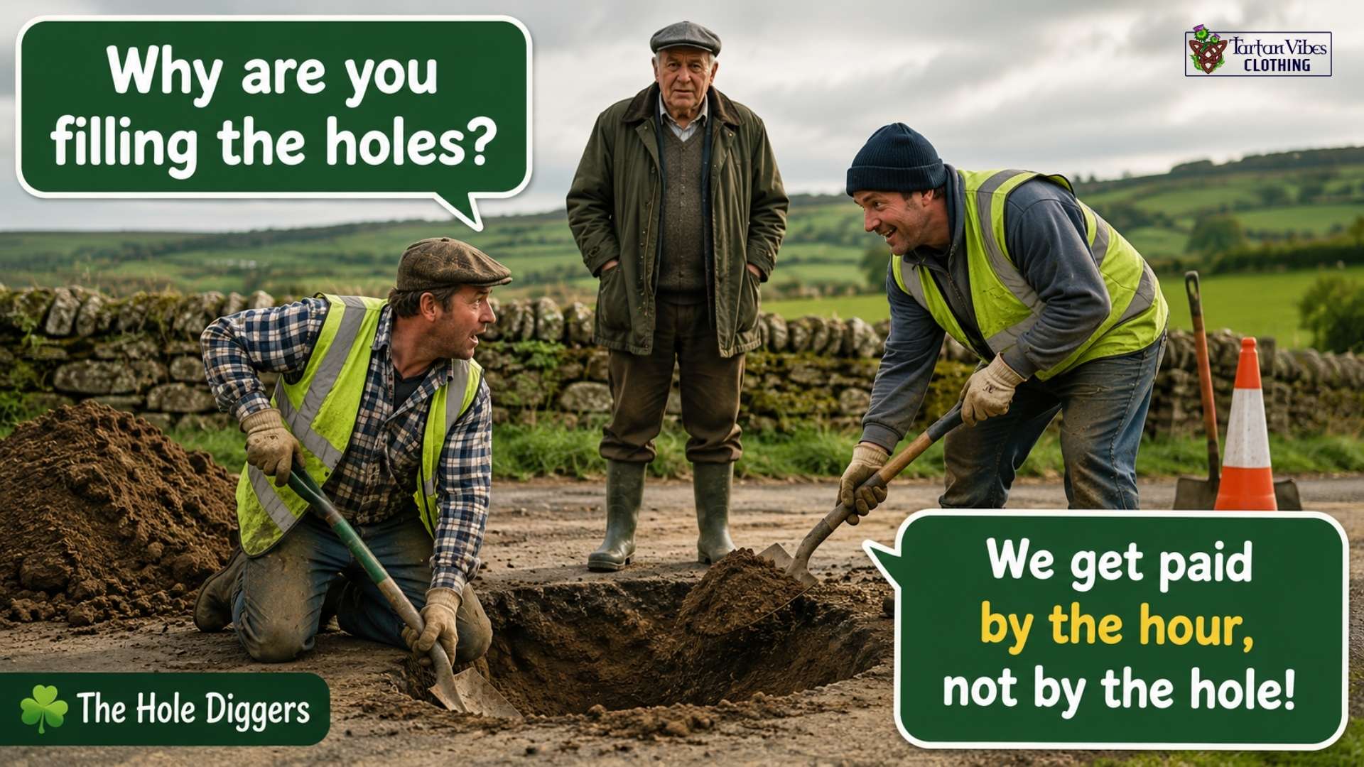 Workers digging a hole illustrate a classic Irish story joke about hole diggers