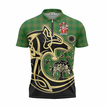 Worsopp Irish Tartan Zipper Polo Shirt with Coat of Arms Celtic Wolf Style Unisex - Tartan Vibes Clothing