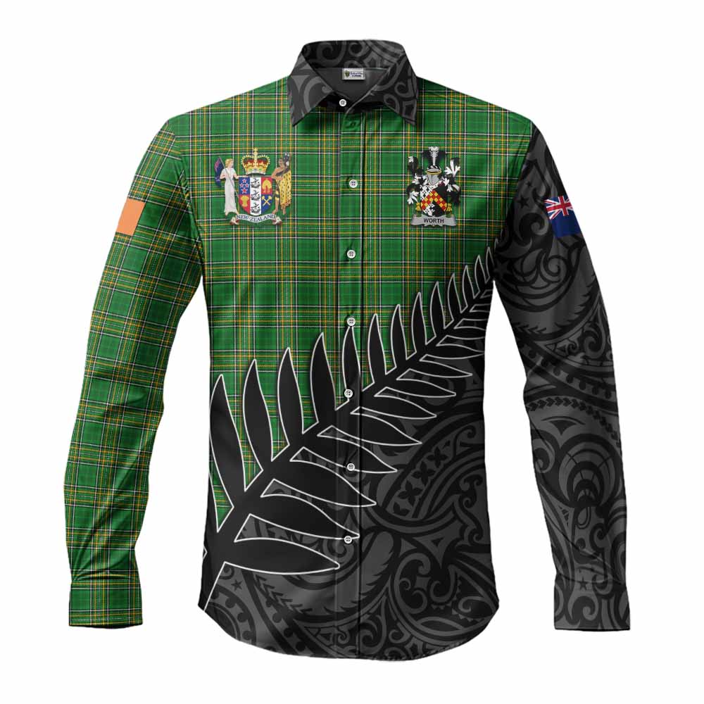 Tartan Vibes Clothing Worth Irish Clan Tartan Long Sleeve Button Shirt with Coat of Arms New Zealand Silver Fern Half Style