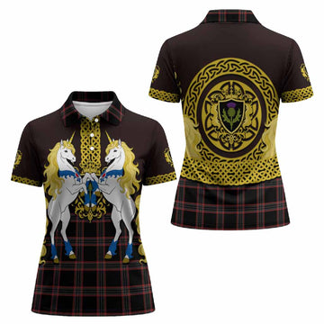 WoS Tartan Women Polo Shirt Unicorn Celtic Knot And Thistle Emblem