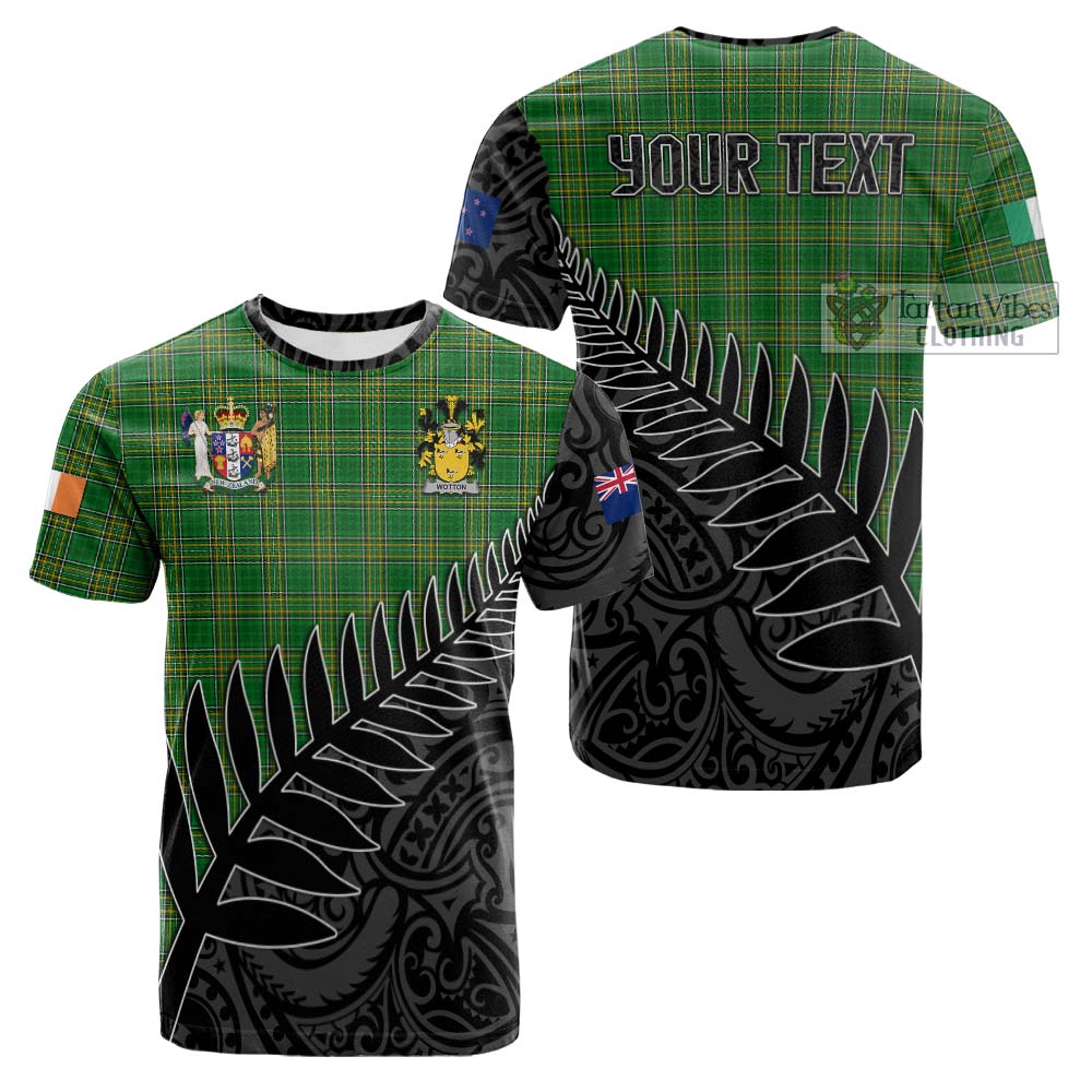 Tartan Vibes Clothing Wotton Irish Clan Tartan Cotton T-shirt with Coat of Arms New Zealand Silver Fern Half Style