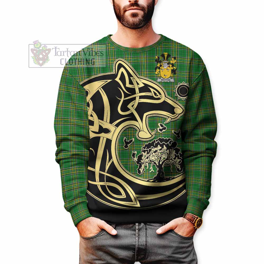 Tartan Vibes Clothing Wotton Irish Tartan Sweatshirt with Coat of Arms Celtic Wolf Style