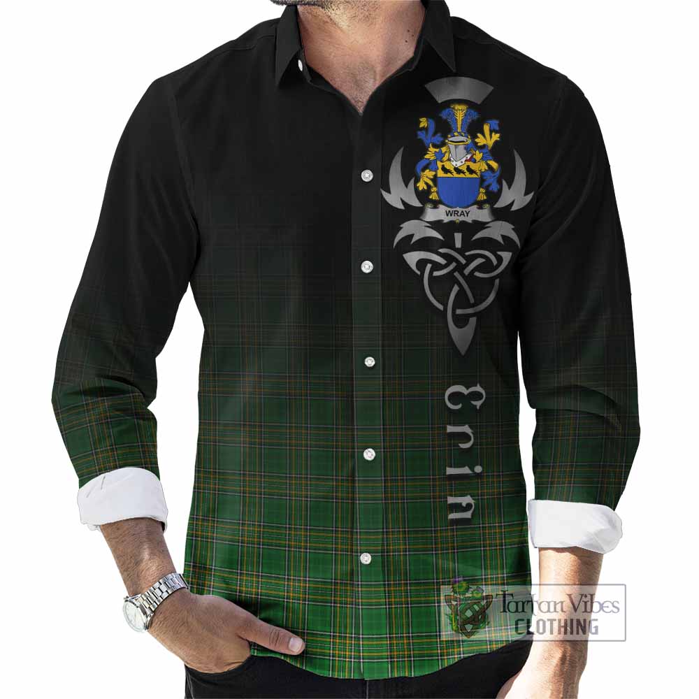 Tartan Vibes Clothing Wray Irish Clan Long Sleeve Button Shirt with Coat of Arms Erin Go Bragh Celtic Inspired
