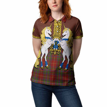 Wren Tartan Women Polo Shirt Unicorn Celtic Knot And Thistle Emblem