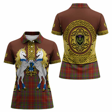 Wren Tartan Women Polo Shirt Unicorn Celtic Knot And Thistle Emblem