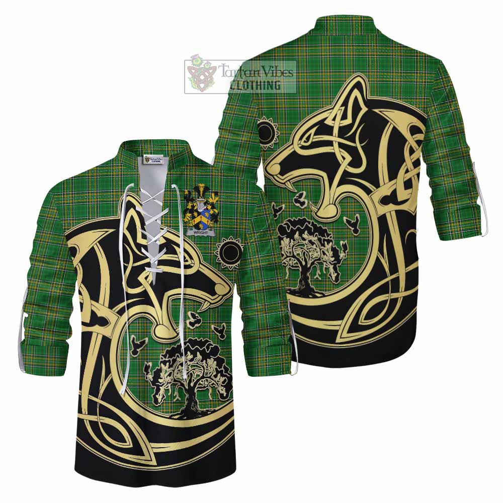 Wright Irish Tartan Ghillie Kilt Shirt with Coat of Arms Celtic Wolf Style - Tartan Vibes Clothing