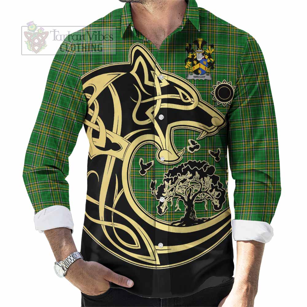 Wright Irish Tartan Long Sleeve Button Shirt with Coat of Arms Celtic Wolf Style - Tartan Vibes Clothing