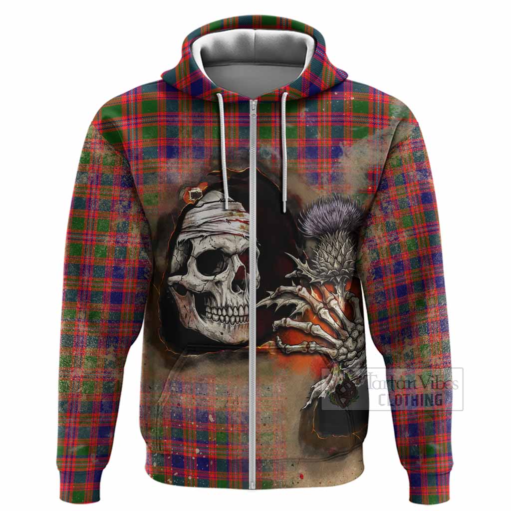 Wright Tartan Hoodie Halloween Skeleton With Thistle Burning Effect Zip Hoodie - Tartan Vibes Clothing