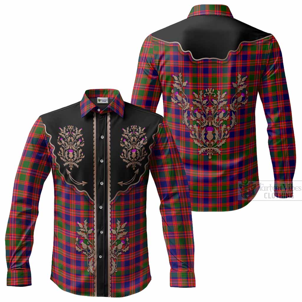 Wright Tartan Long Sleeve Button Shirts Thistle Ornament Western Yoke Men's Shirt - Tartan Vibes Clothing