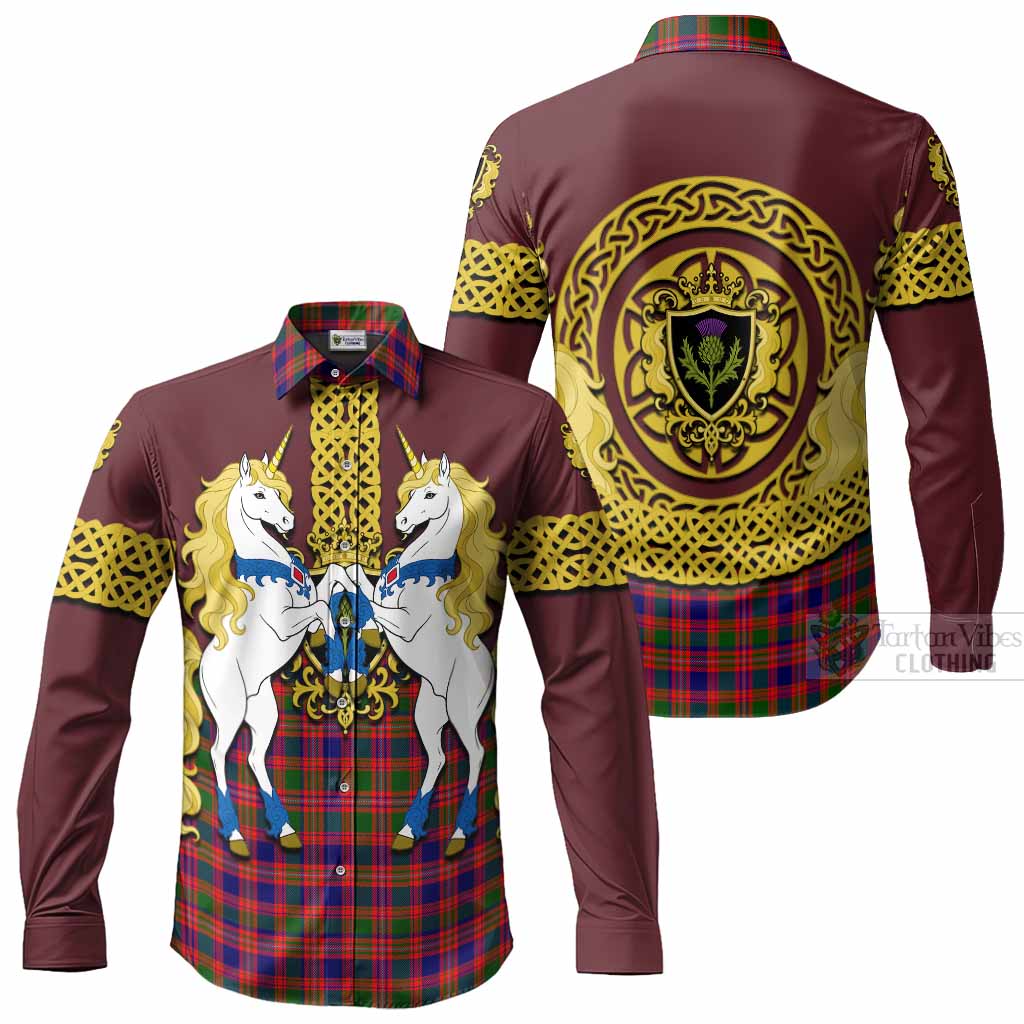 Wright Tartan Long Sleeve Button Shirts Unicorn Celtic Knot And Thistle Emblem