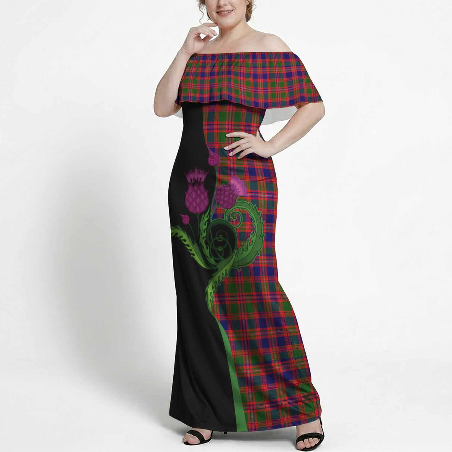 Wright Tartan Off Shoulder Ruffle Maxi Dress Traditional Scottish Thistle