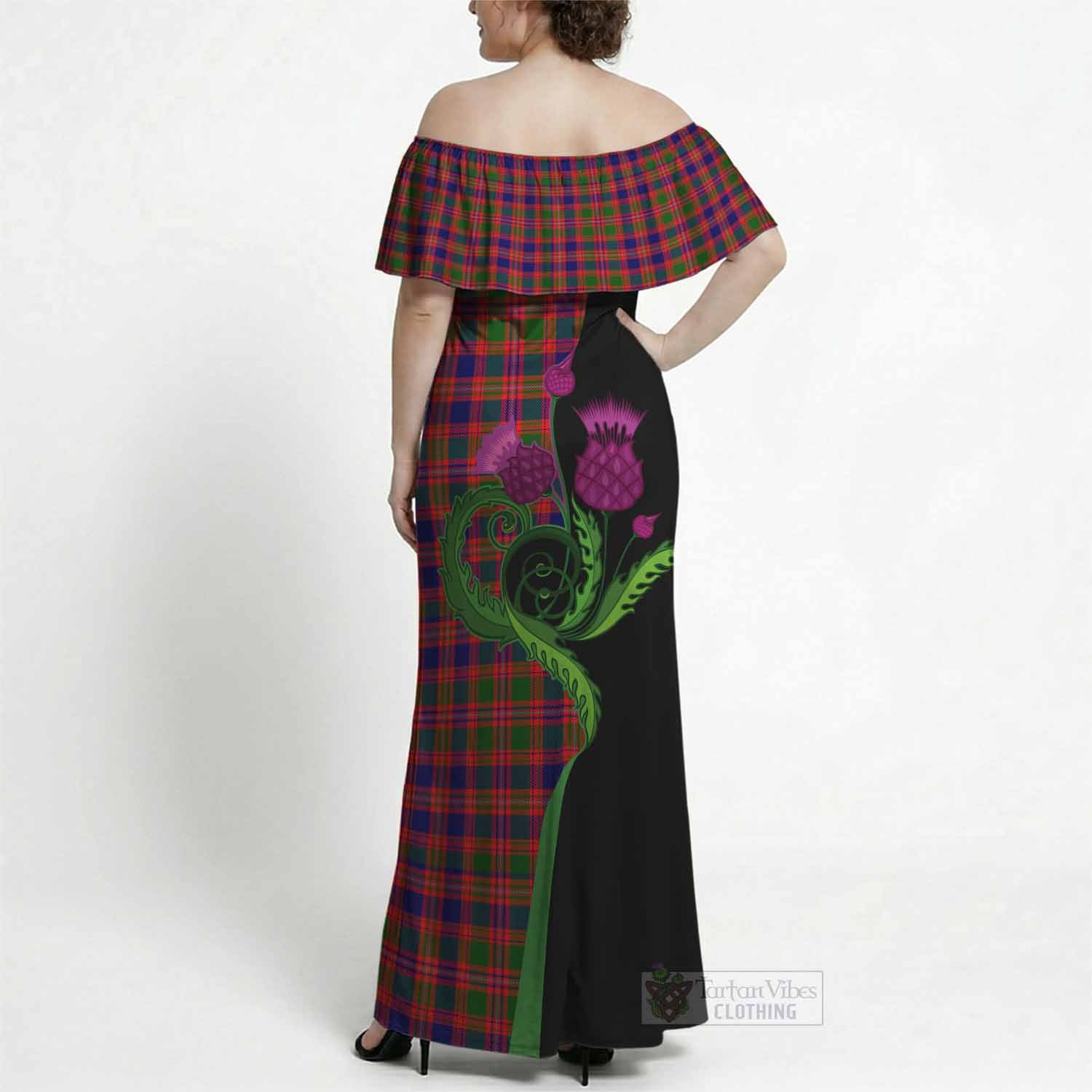 Wright Tartan Off Shoulder Ruffle Maxi Dress Traditional Scottish Thistle