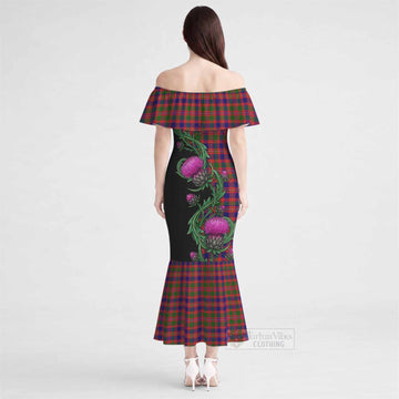 Wright Tartan Off Shoulder Ruffle Mermaid Maxi Dress Resilient Scottish Thistle - Tartan Vibes Clothing