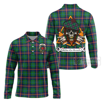 Tartan Vibes Clothing Young Tartan Long Sleeve Polo Shirt with Family Crest and Bearded Skull Holding Bottles of Whiskey