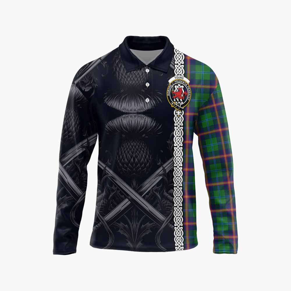 Tartan Vibes Clothing Young Tartan Long Sleeve Polo Shirt with Family Crest Cross Sword Thistle Celtic Vibes