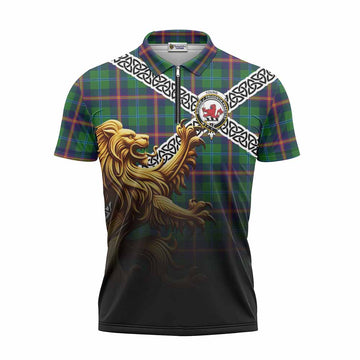 Young Crest Tartan Zipper Polo Shirt with Golden Lion Emblem Celtic Style