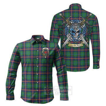 Young Tartan Long Sleeve Button Shirt with Family Crest Celtic Skull Style