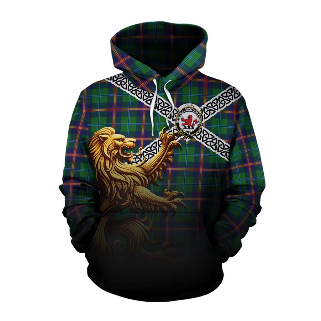Tartan Vibes Clothing Young Crest Tartan Cotton Hoodie with Golden Lion Emblem Celtic Style
