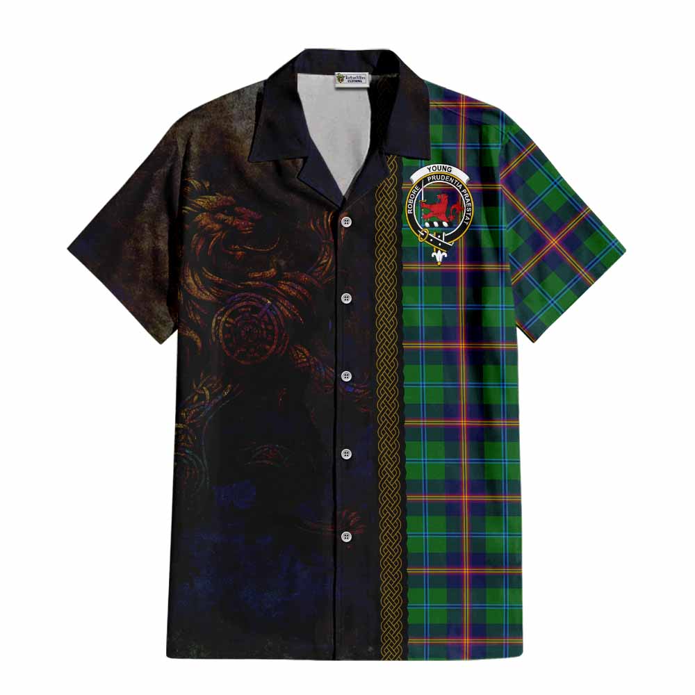 Tartan Vibes Clothing Young Tartan Family Crest Short Sleeve Button Shirt Alba Gu Brath Be Brave Lion Ancient Style