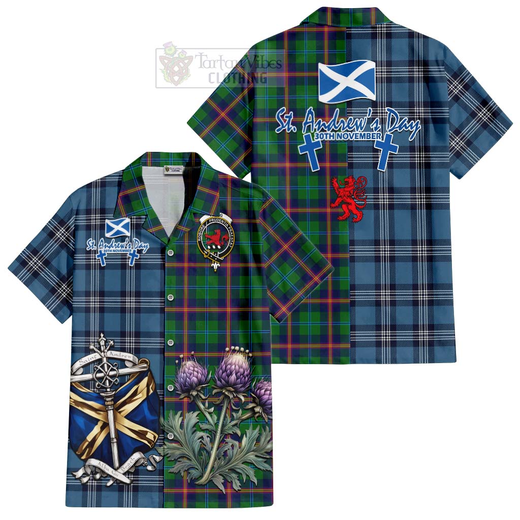 Tartan Vibes Clothing Young Tartan Short Sleeve Button Shirt Happy St. Andrew's Day Half Tartan Style