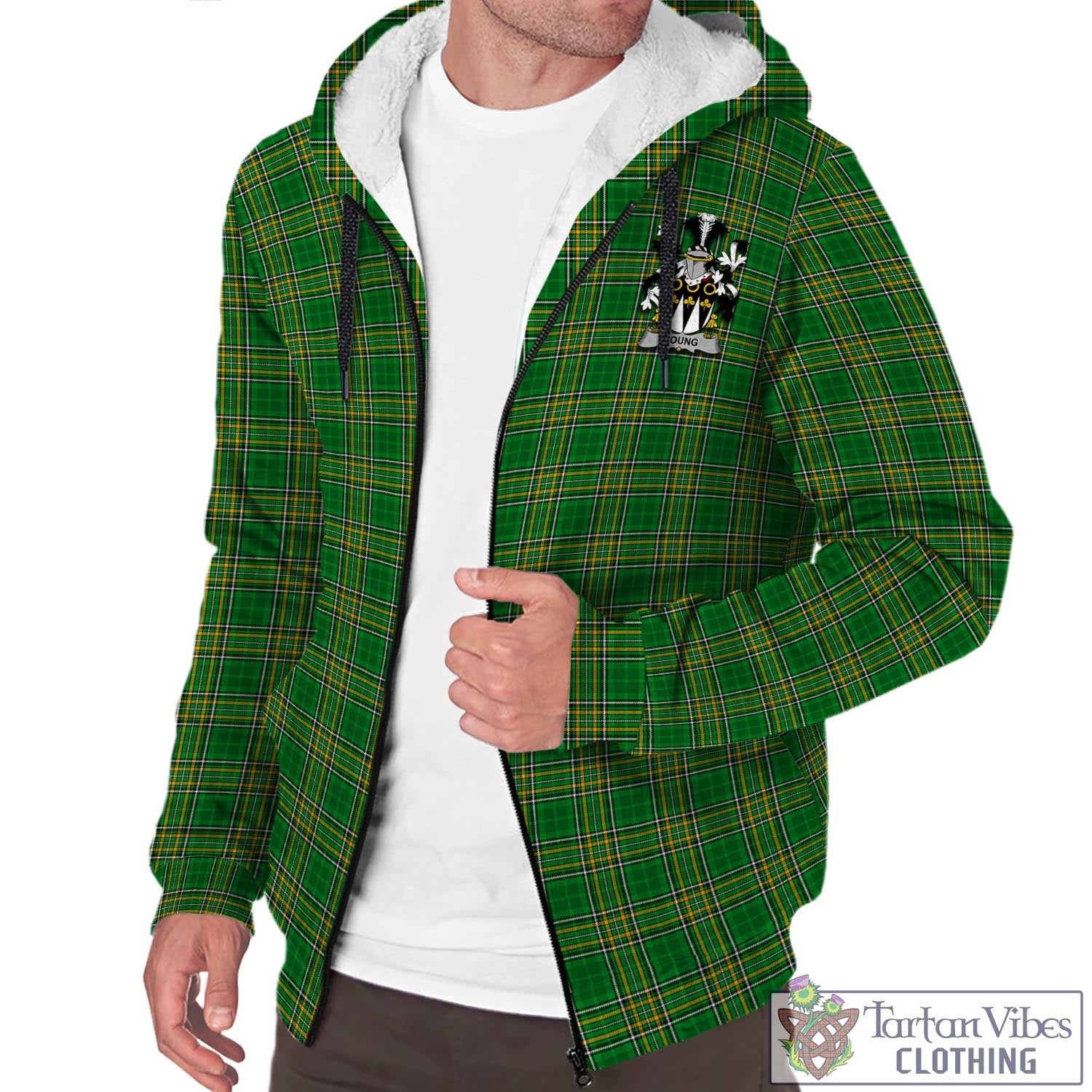 Tartan Vibes Clothing Young Ireland Clan Tartan Sherpa Hoodie with Coat of Arms