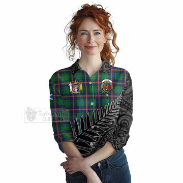 Tartan Vibes Clothing Young Crest Tartan Women's Casual Shirt with New Zealand Silver Fern Half Style