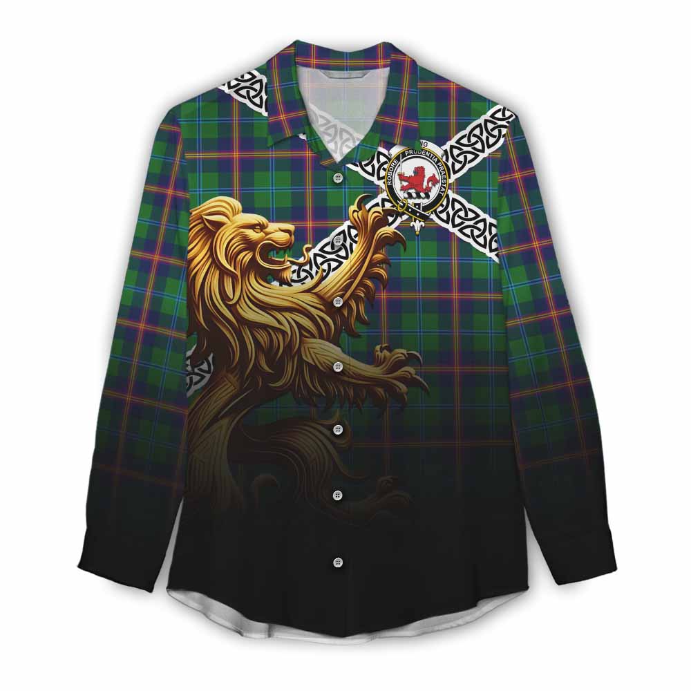 Tartan Vibes Clothing Young Crest Tartan Women's Casual Shirt with Golden Lion Emblem Celtic Style
