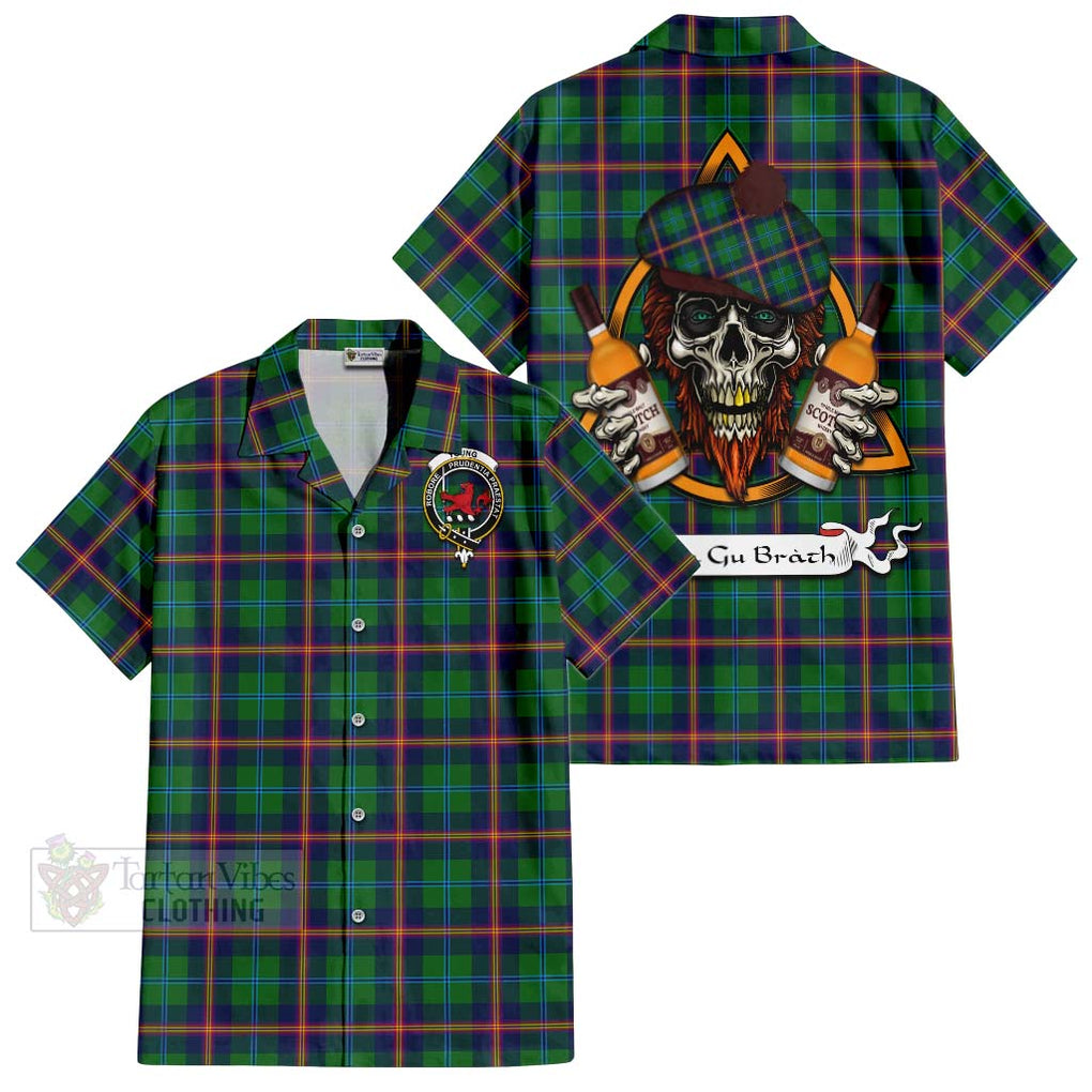 Tartan Vibes Clothing Young Tartan Short Sleeve Button Shirt with Family Crest and Bearded Skull Holding Bottles of Whiskey