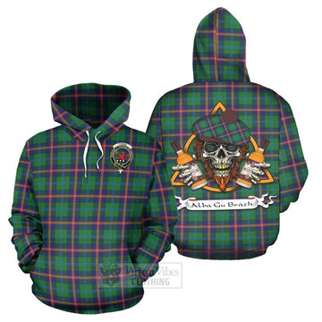 Young Tartan Hoodie with Family Crest and Bearded Skull Holding Bottles of Whiskey