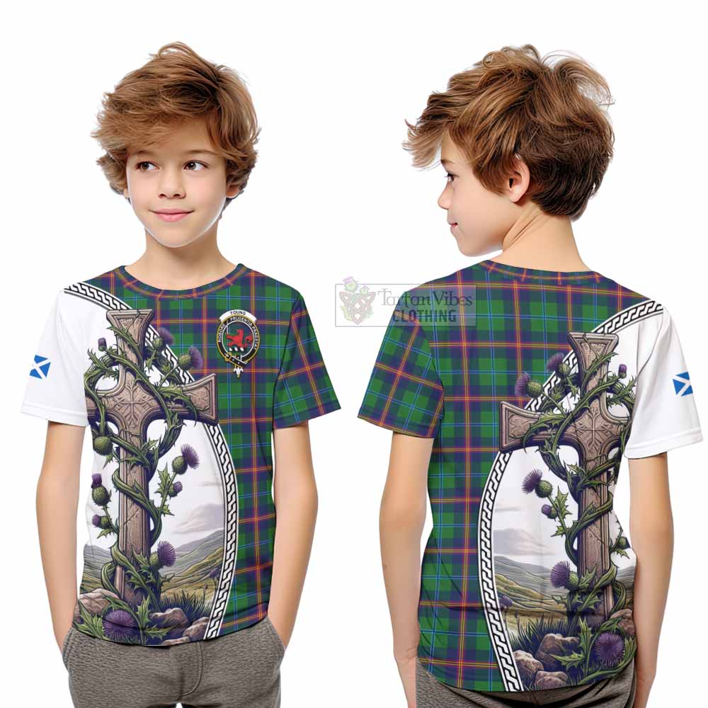 Tartan Vibes Clothing Young Tartan Kid T-Shirt with Family Crest and St. Andrew's Cross Accented by Thistle Vines