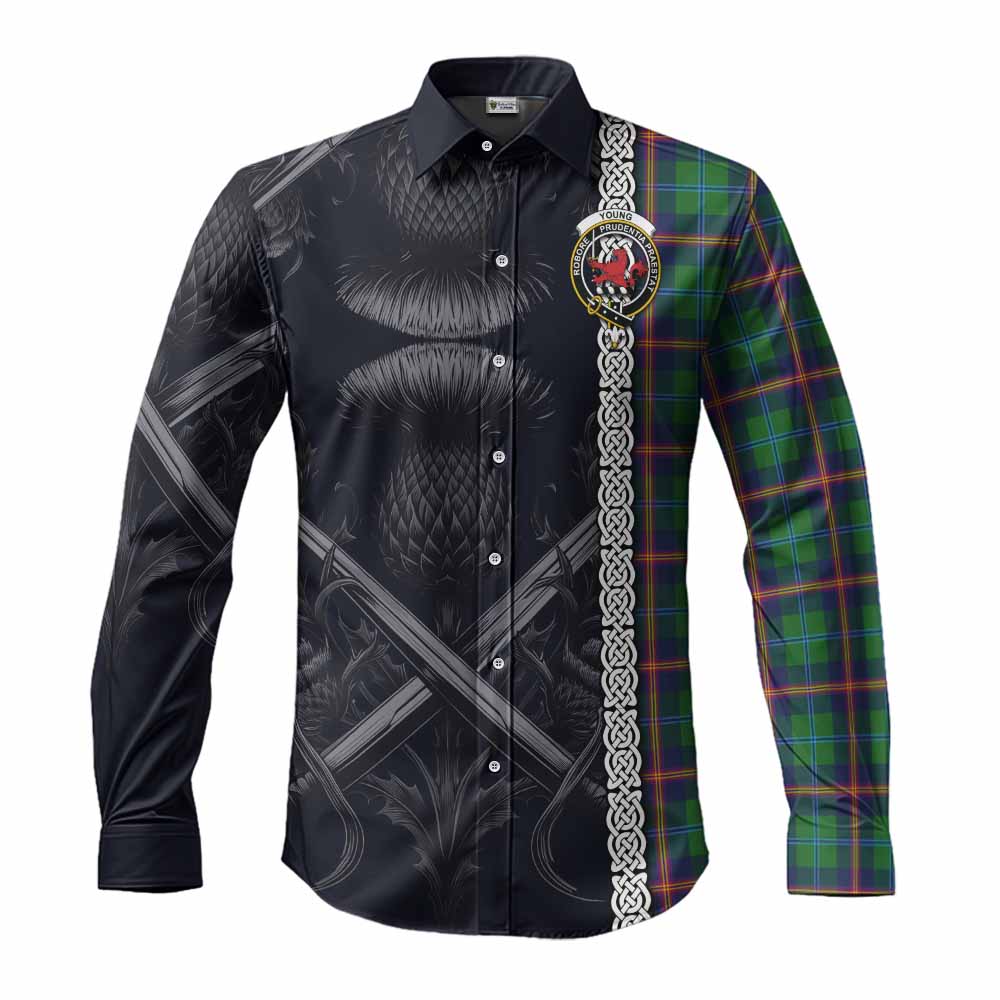 Tartan Vibes Clothing Young Tartan Long Sleeve Button Shirt with Family Crest Cross Sword Thistle Celtic Vibes