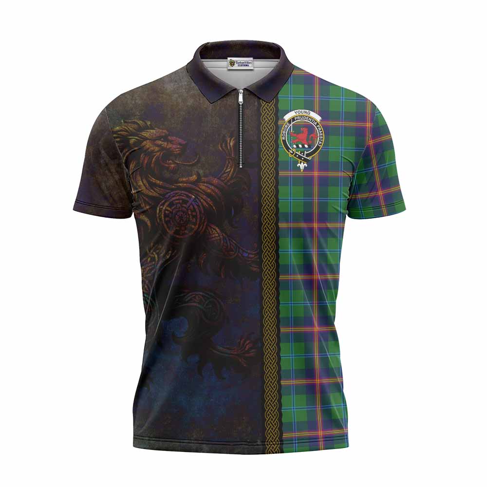 Tartan Vibes Clothing Young Tartan Family Crest Zipper Polo Shirt Alba Gu Brath Be Brave Lion Ancient Style