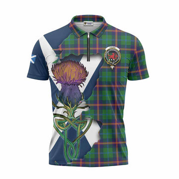Young Tartan Family Crest Zipper Polo Shirt Scottish Thistle Celtic Inspired