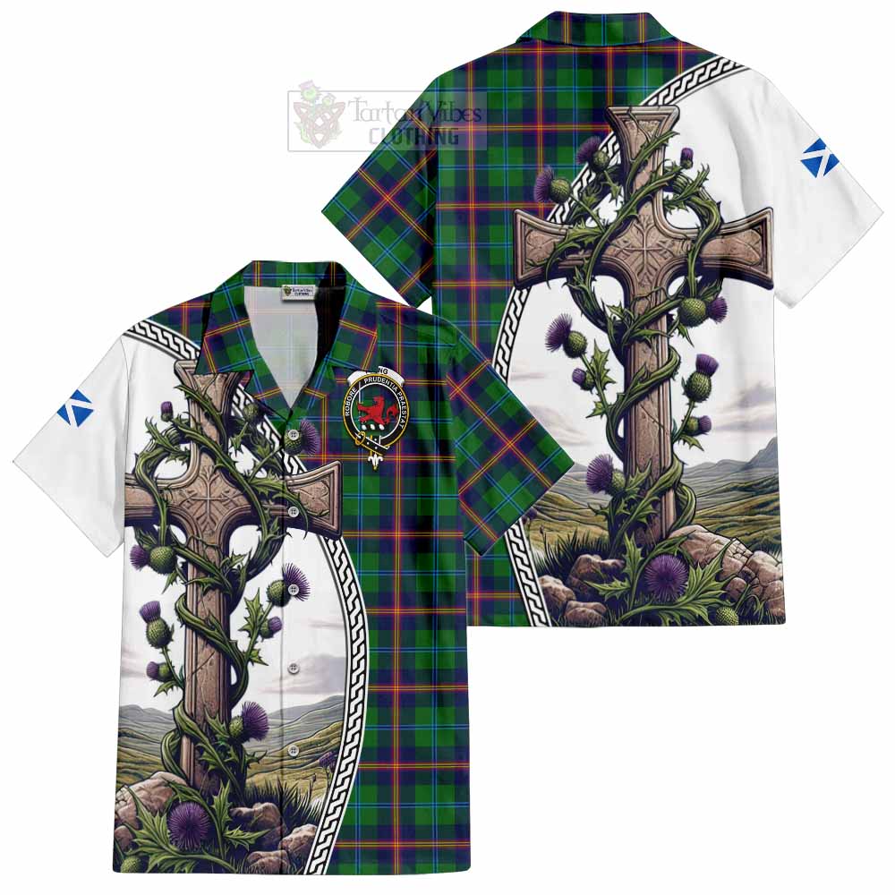 Tartan Vibes Clothing Young Tartan Short Sleeve Button Shirt with Family Crest and St. Andrew's Cross Accented by Thistle Vines